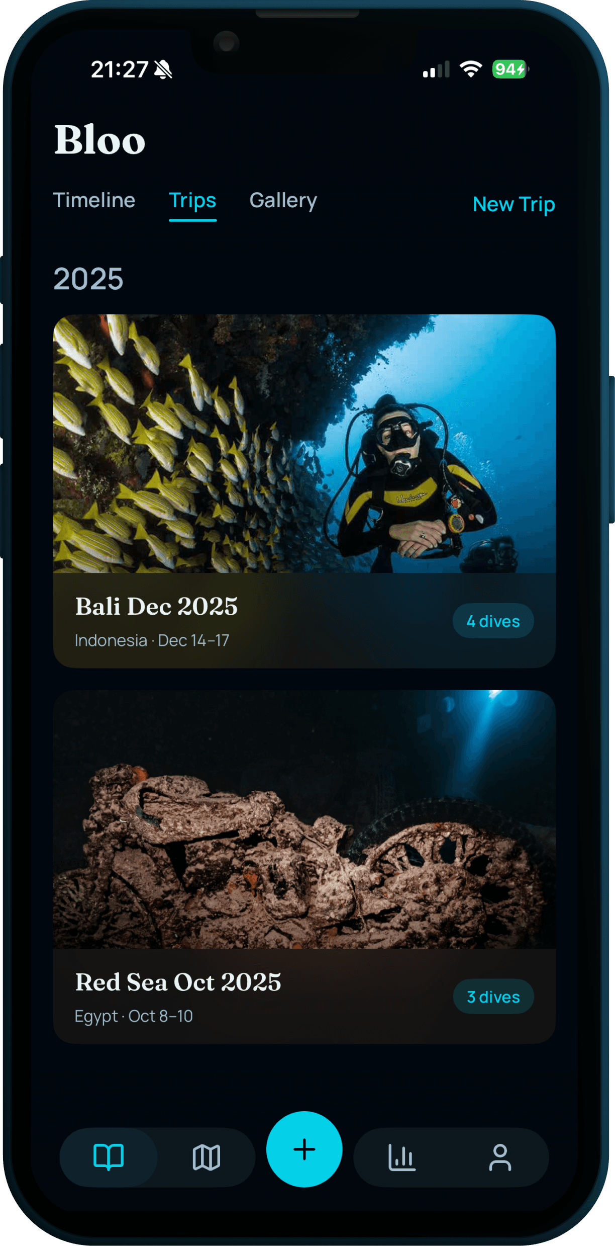 Bloo trips screen showing a Bali December 2025 trip and a Red Sea October 2025 trip